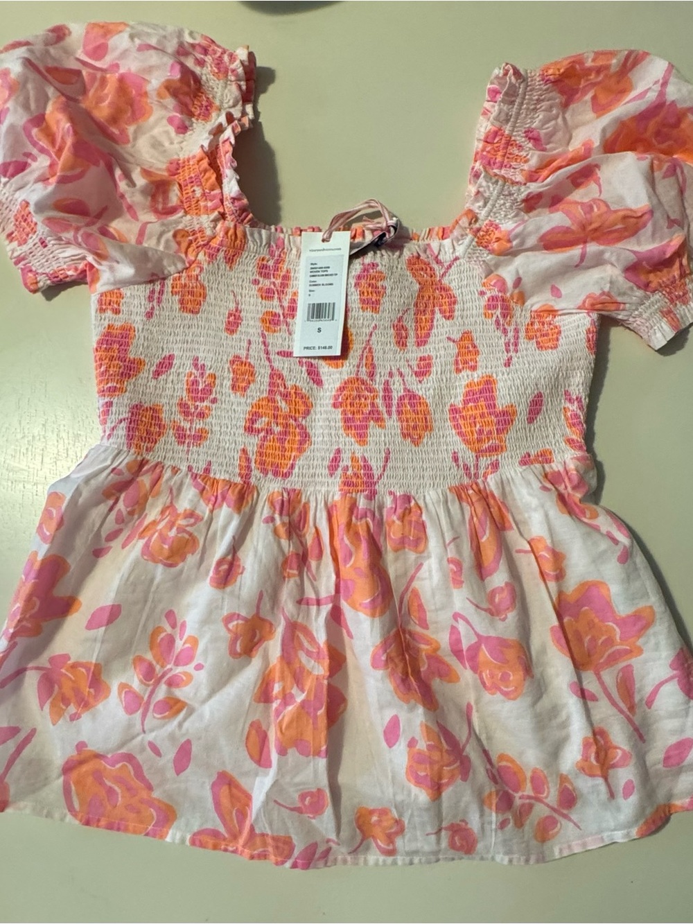 Vineyard Vines Summer Bloom Floral Smocked Puff Sleeve Cotton Top Size small